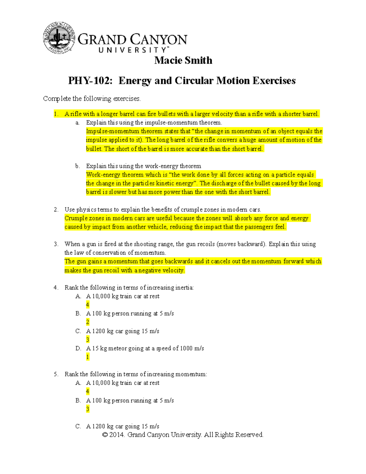 PHY-102 Energy and Circular Motion Exercises - Macie Smith PHY-102 ...
