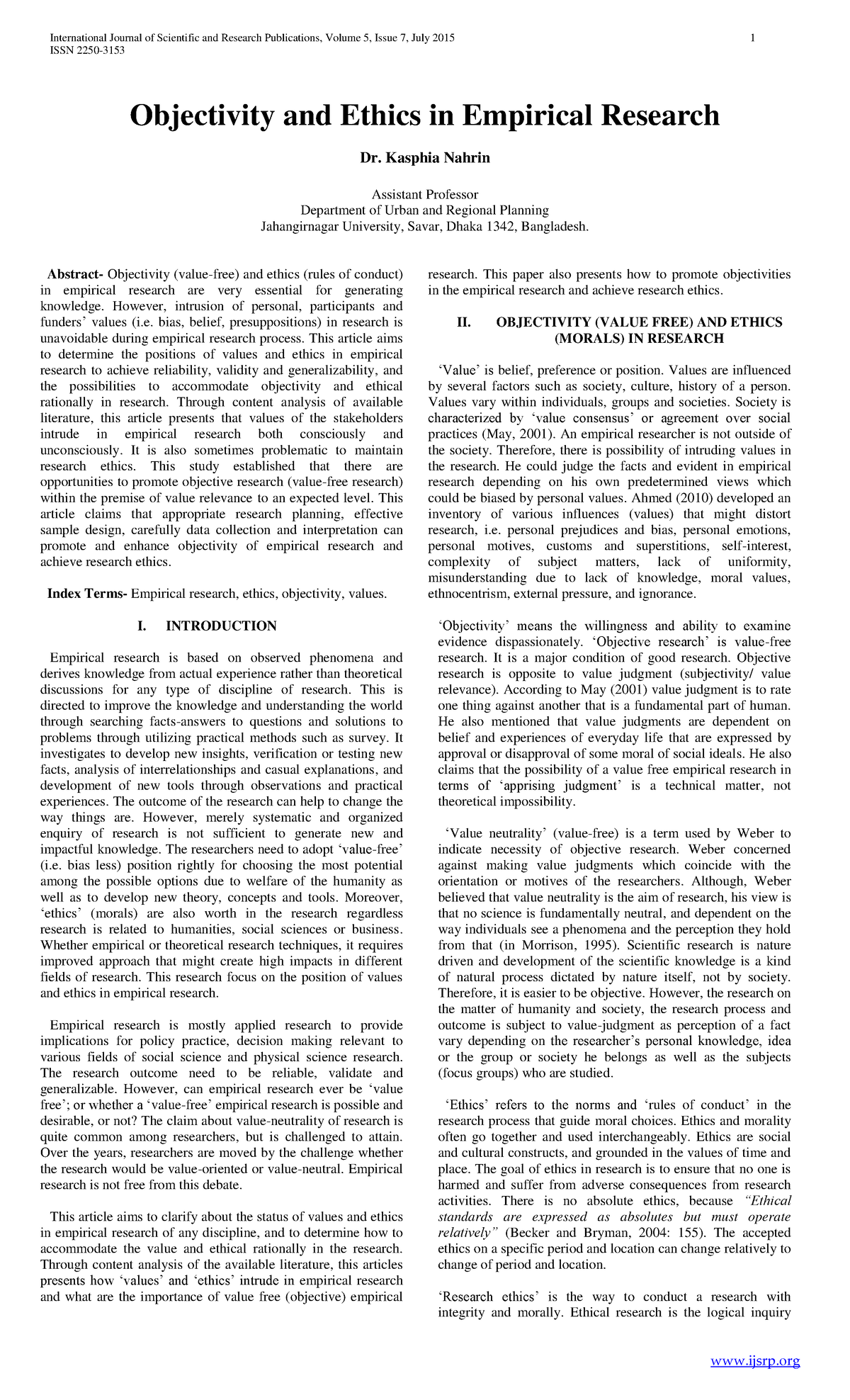 Values and Objectivity in Research - ISSN 2250- Objectivity and Ethics ...