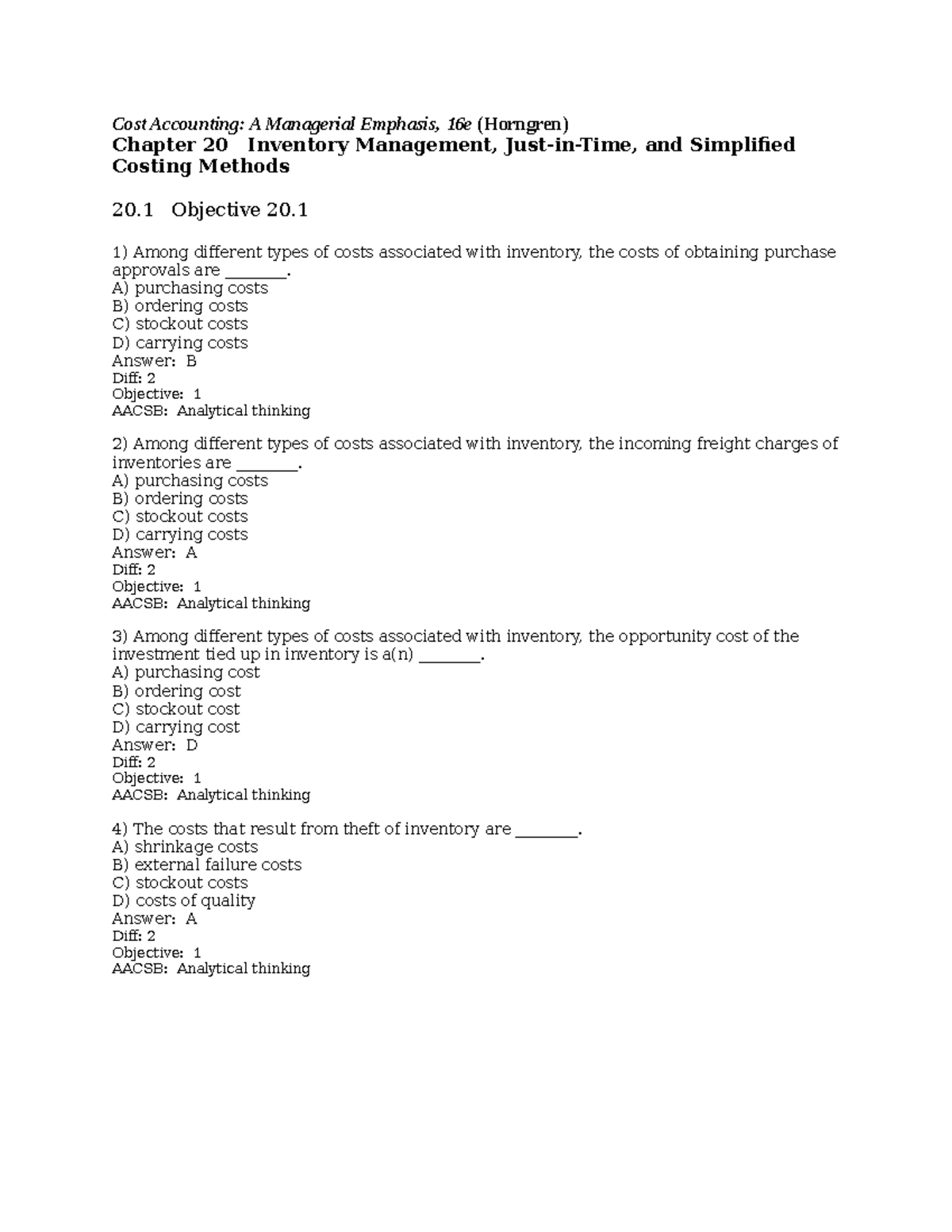 Ch 20 241025 131059 - Chapter 20 Inventory Management Test Bank - Studocu