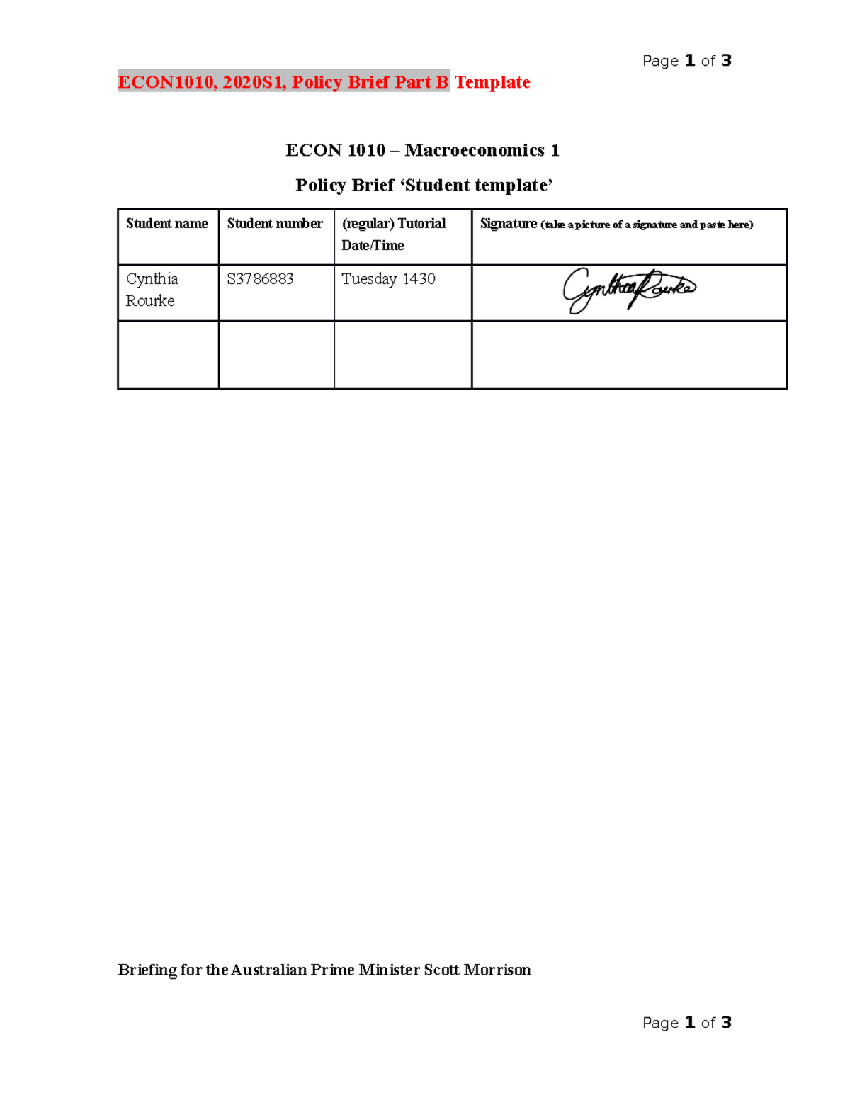 Assignment 2: Part B - Page 1 of 3 ECON1010, 2020S1, Policy Brief Part ...