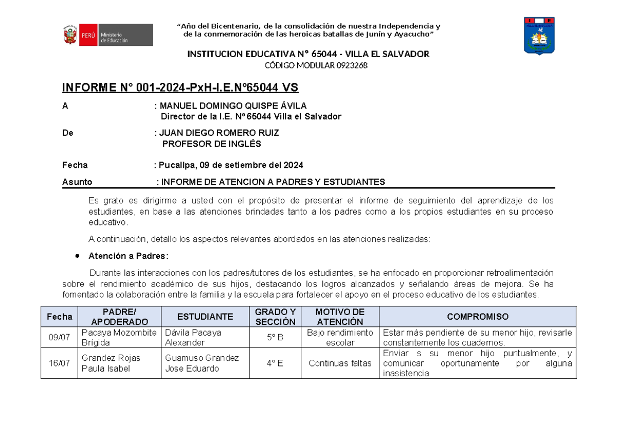 Informe N° 001-2024 de Atención a Padres y Estudiantes - I.E. 65044 - Document Preview