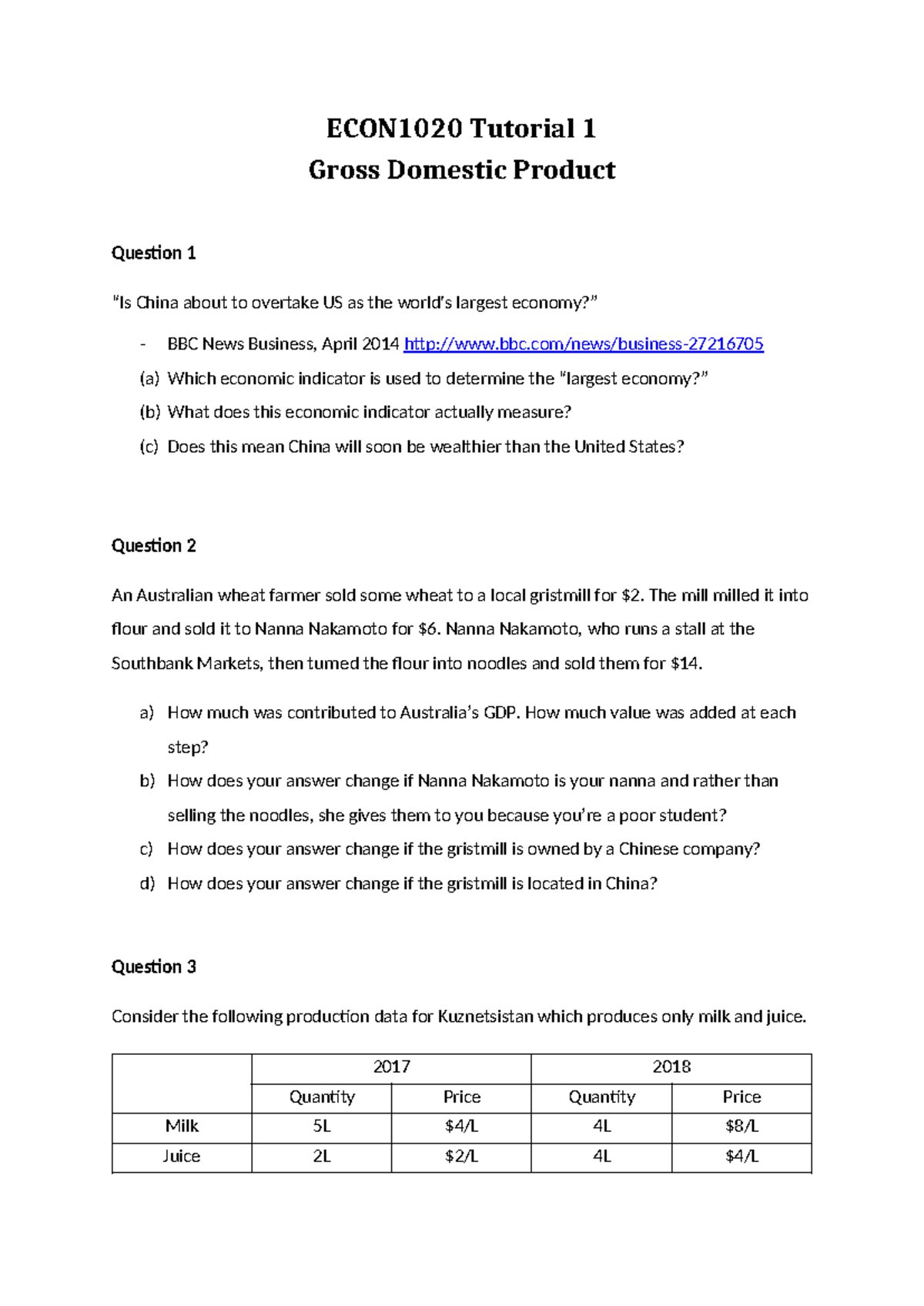 ECON1020 Tutorial 1: Understanding GDP and Economic Indicators - Studocu