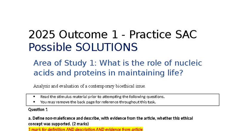 2025 Unit 3 Outcome 1 Practice SAC: Nucleic Acids & Proteins in Life ...