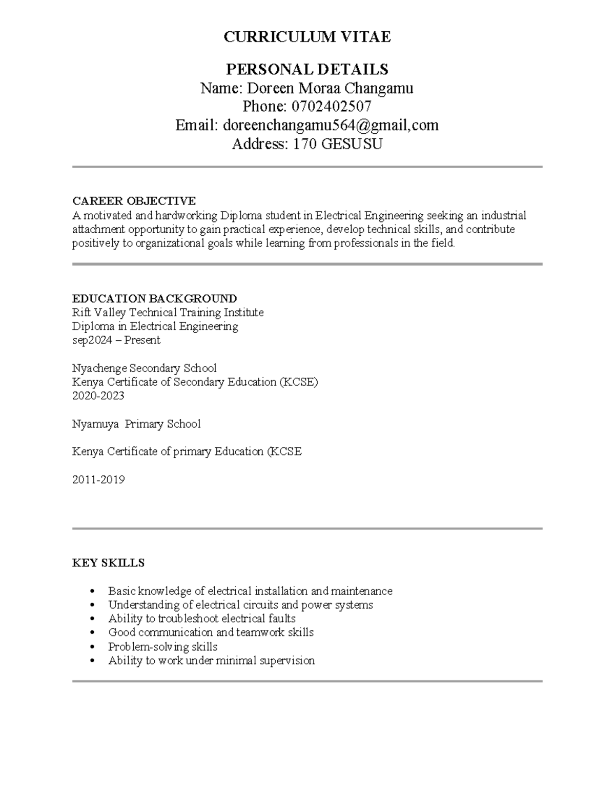 Doreen Moraa Changamu CV - Electrical Engineering Internship - Studocu
