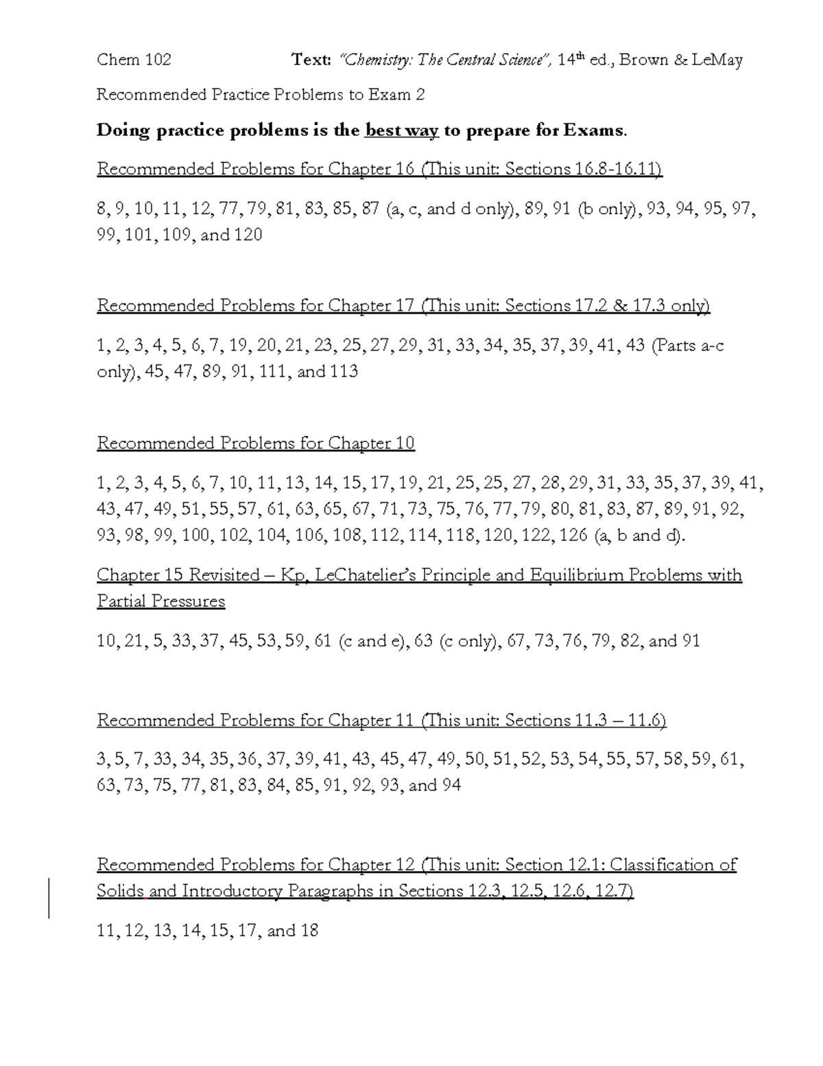 Recommended Book Problems for Exam 2 - Chem 102 Text: The Central 14th ...