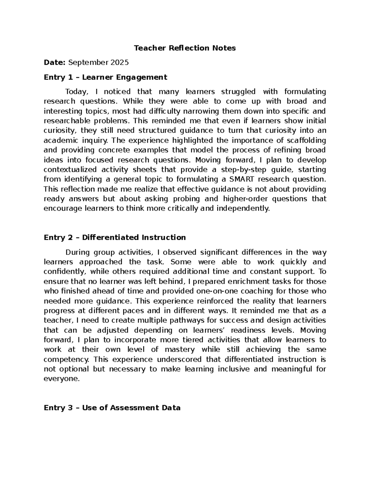 Teacher Reflection Notes: Engaging Learners & Differentiated ...