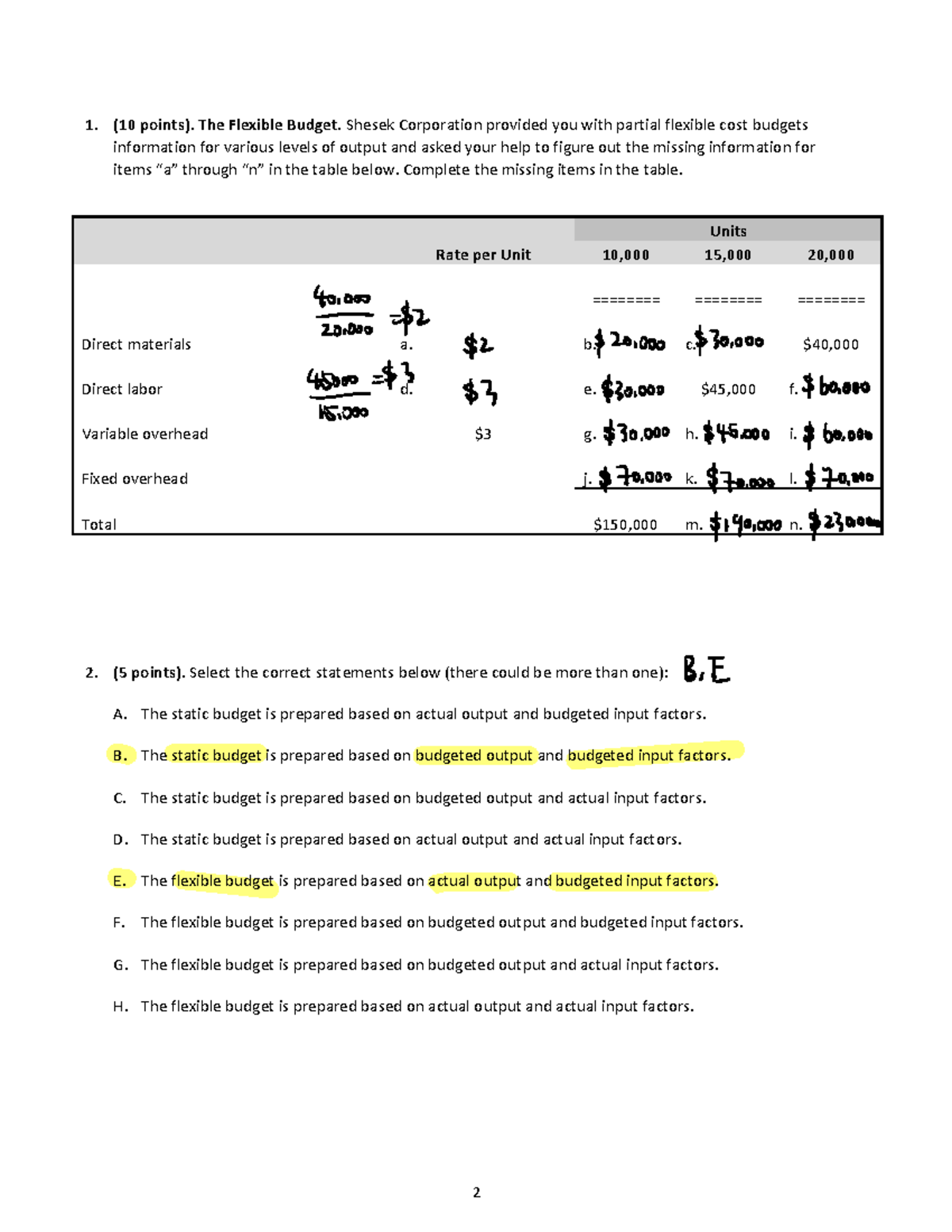 Final Exam: Flexible Budget Analysis and Cost Variance Calculations ...