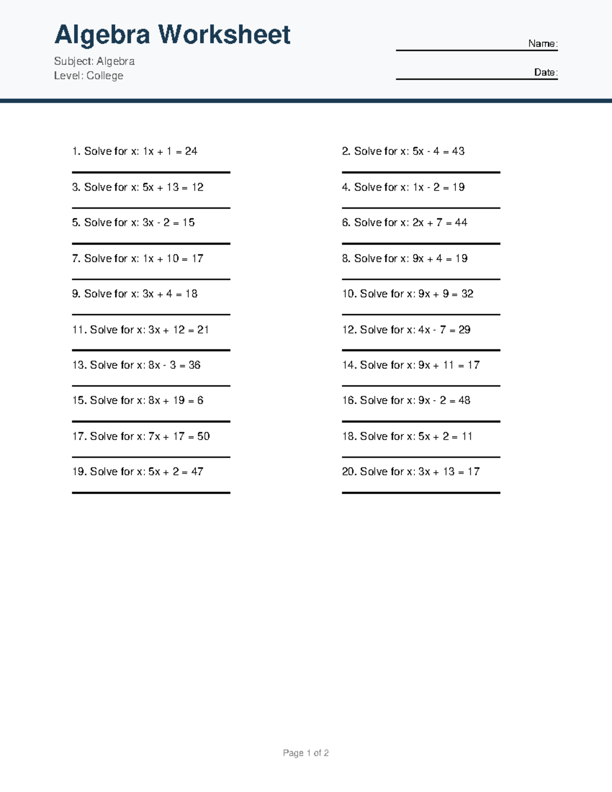 Algebra Worksheet - College Level Practice Problems (ALG) - Studocu