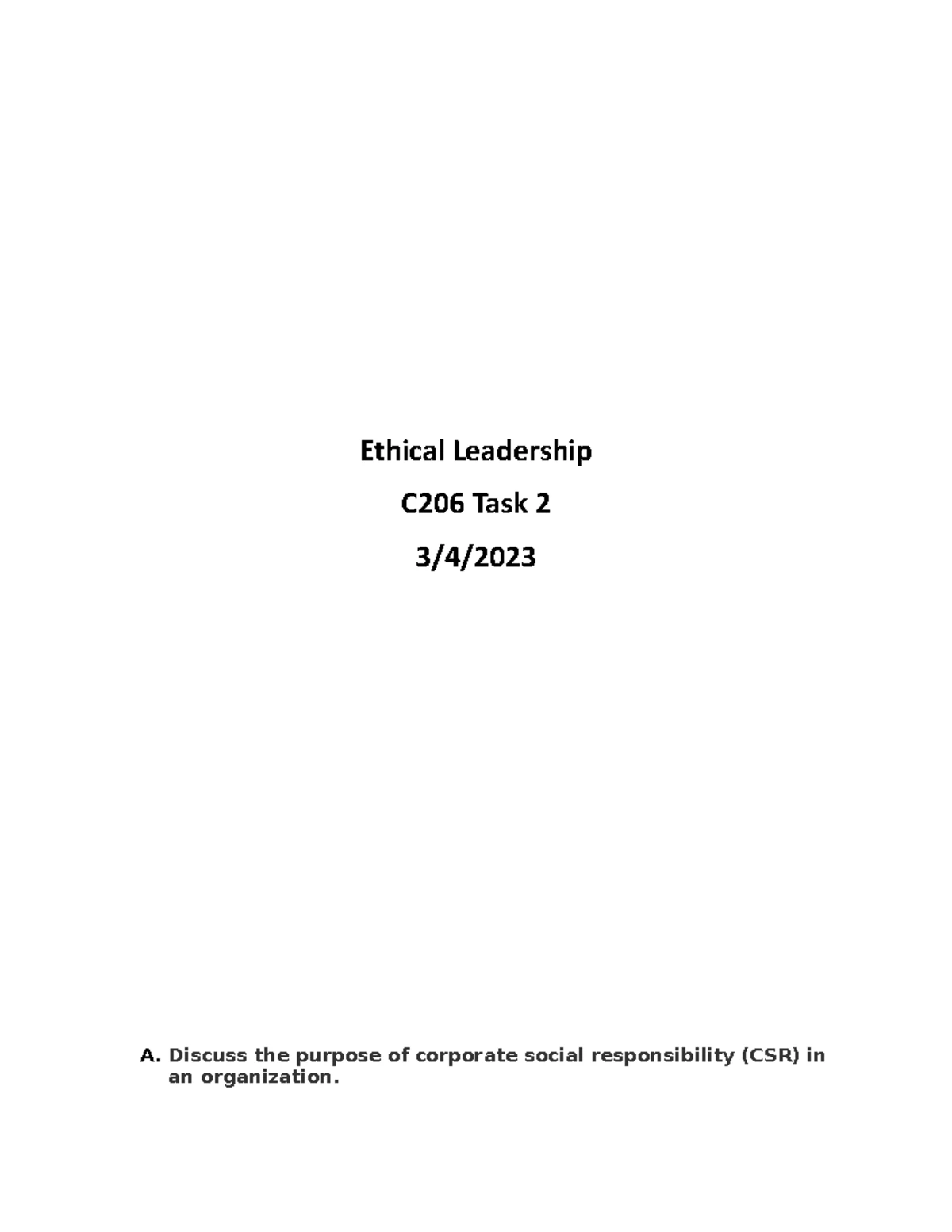 C206 task 2 - passed 100% - A. Discuss the purpose of corporate social ...