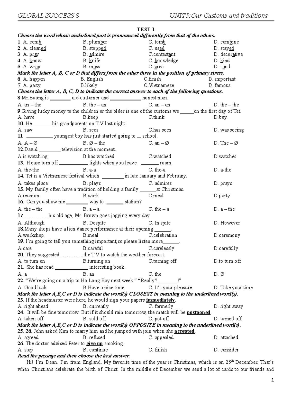 SUCCESS 8 UNIT 5: Our Customs Practice Test - Studocu