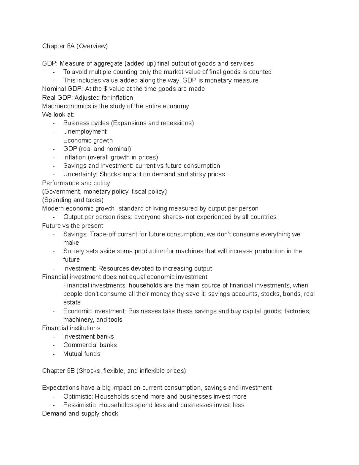 Econ 101 Lecture Notes: Chapters 6, 7 & 8 Overview and Key Concepts ...