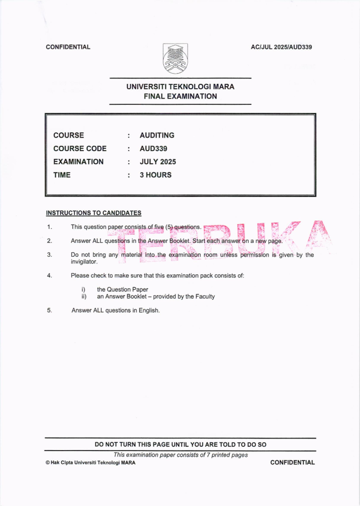 AUD339 JULY 2025 - Final Exam Questions for Auditing Course - Studocu
