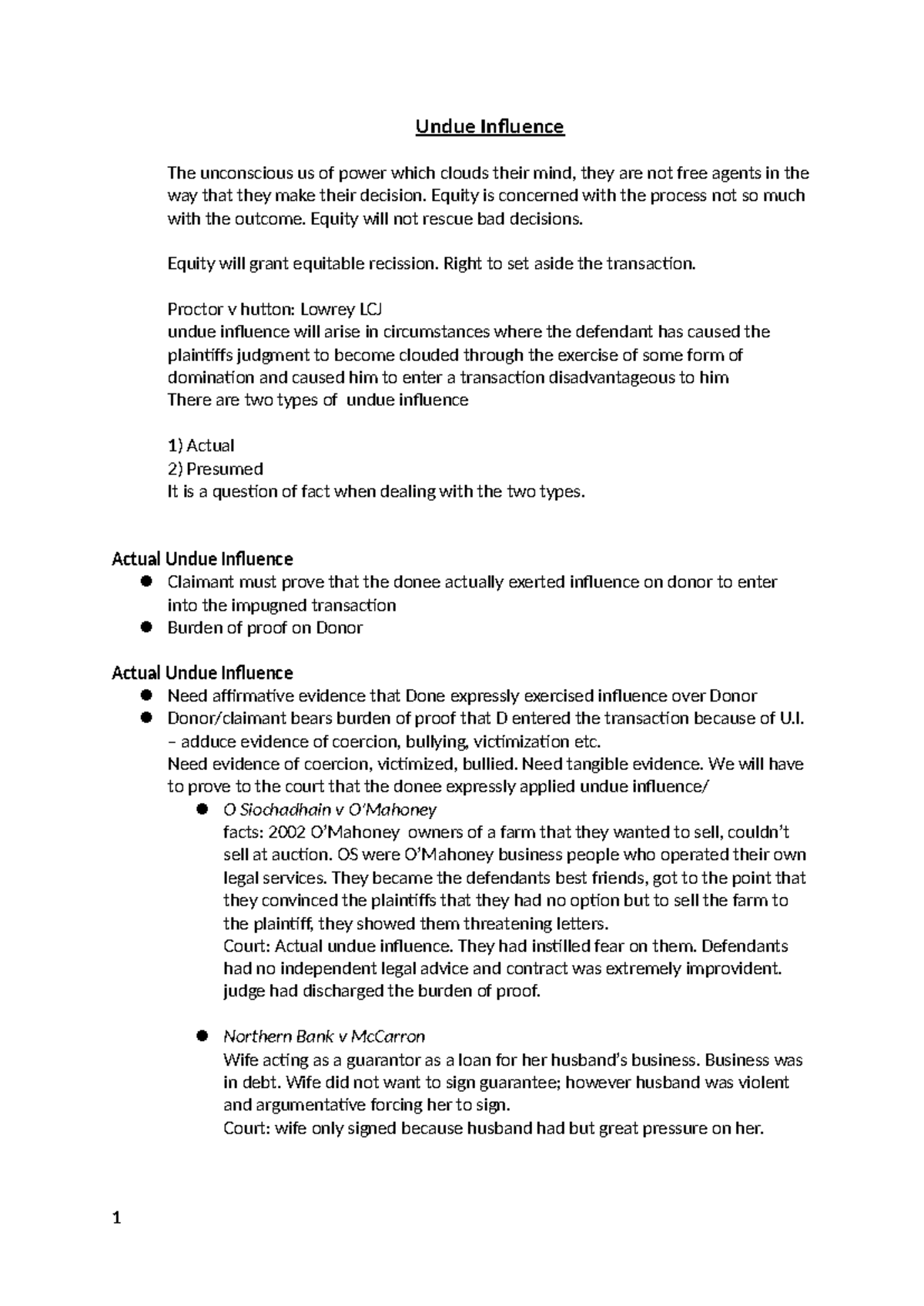Lecture Notes on Undue Influence in Equity Law - Studocu