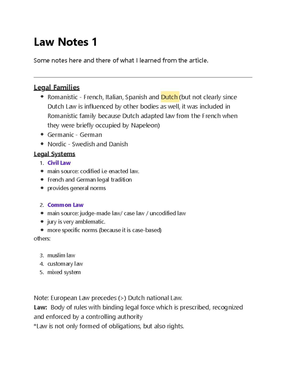 Law Summary Week 1: Legal Families and Systems Overview - Studeersnel