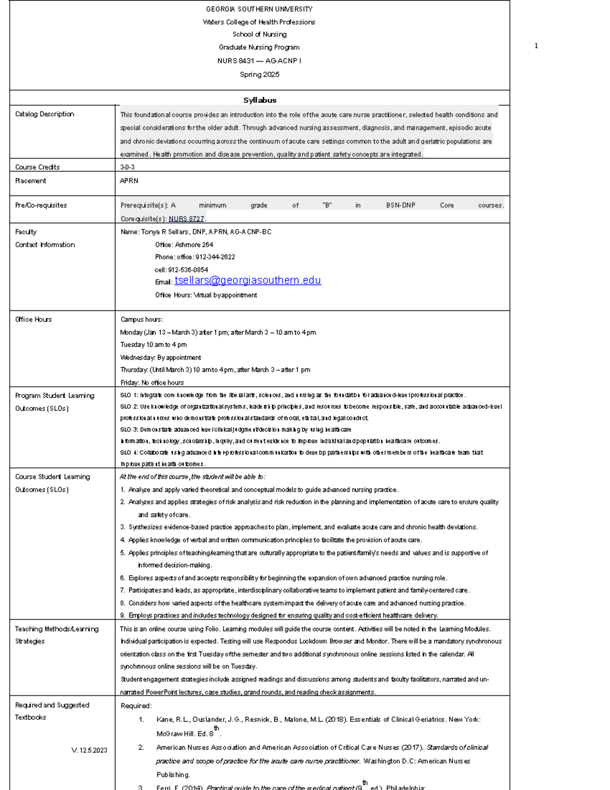 NURS 8431 Spring 2025: Acute Care Nurse Practitioner Syllabus - Studocu