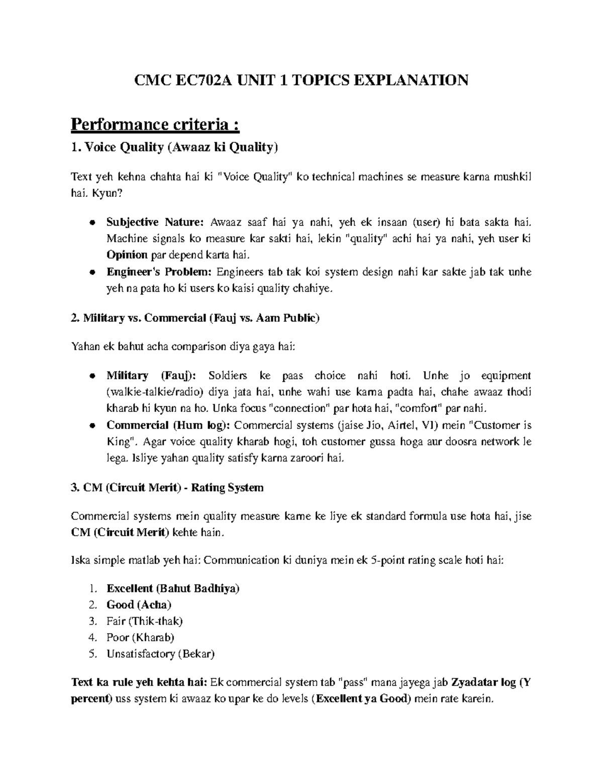 CMC EC702A UNIT 1 Voice Quality and Communication Systems Overview ...
