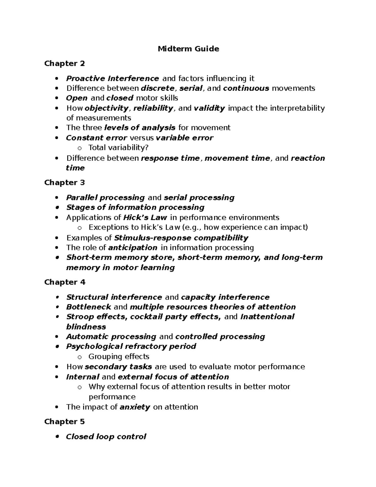 Midterm Study Guide: Motor Learning & Info Processing (Ch. 2-5) - Studocu