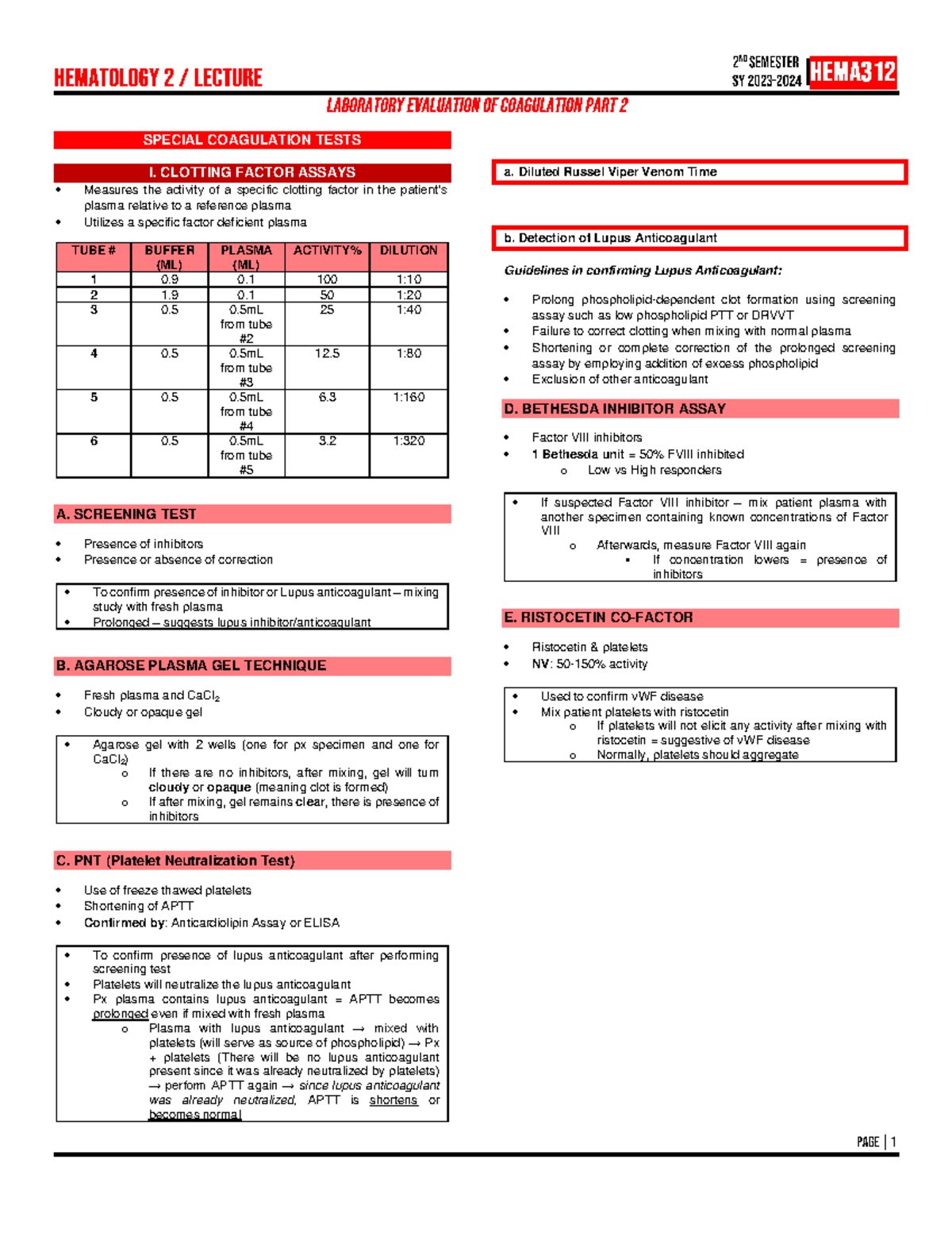 WEEK 10-LAB EVAL OF Coagulation PART 2 - SPECIAL COAGULATION TESTS I ...