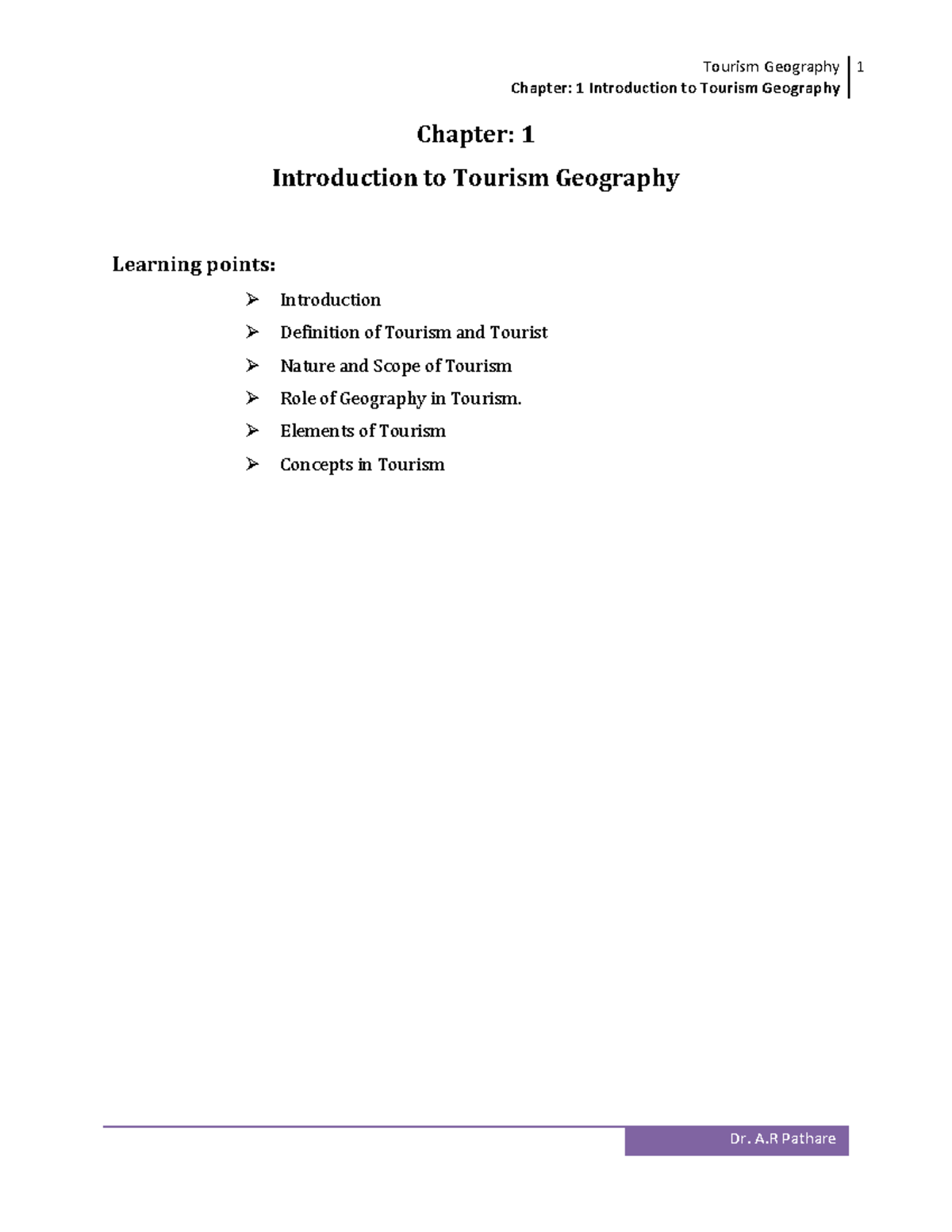 Tourism Geography Chapter 1: Understanding Concepts and Elements - Studocu