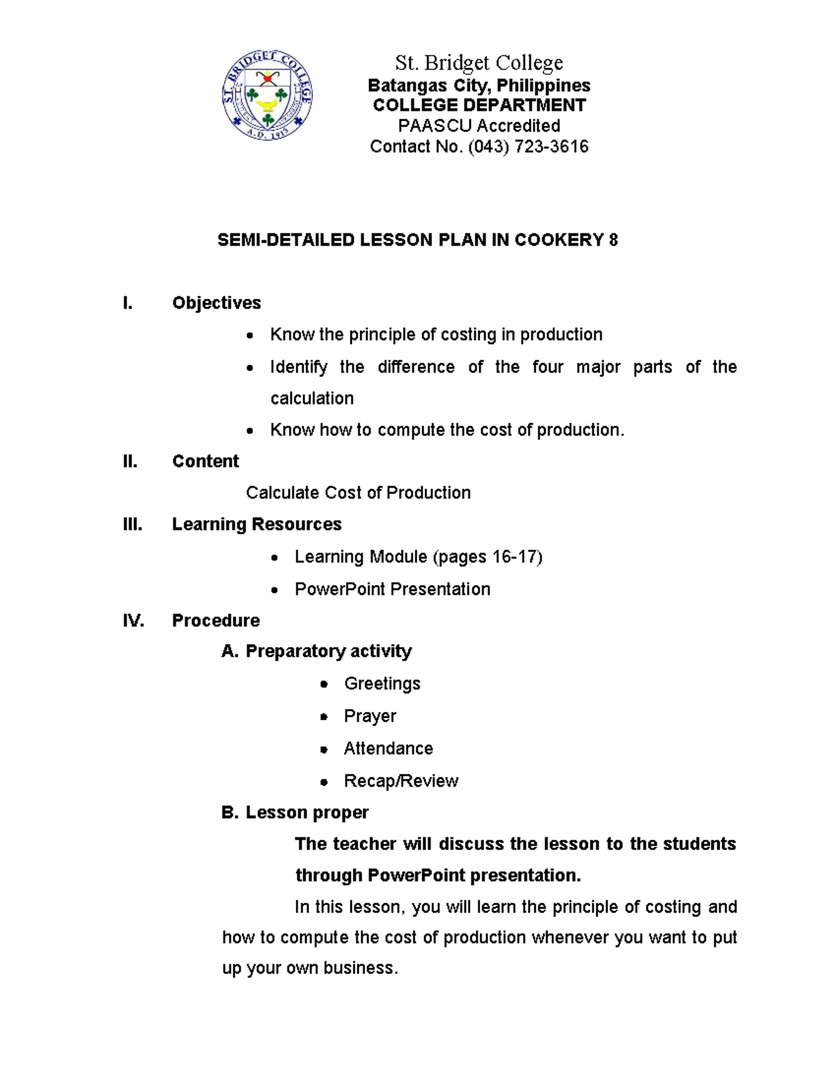 Semi-Detailed Lesson Plan: Cost of Production in Cookery 8 - Studocu