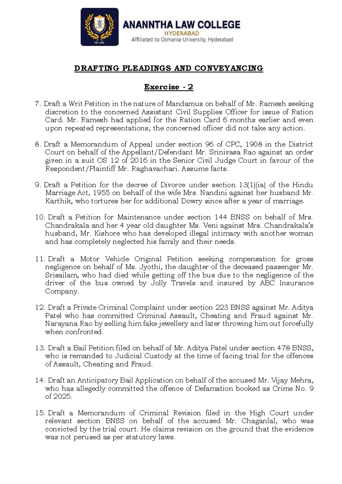 DPC 2025: Exercise 02 - Drafting Legal Documents and Petitions - Studocu