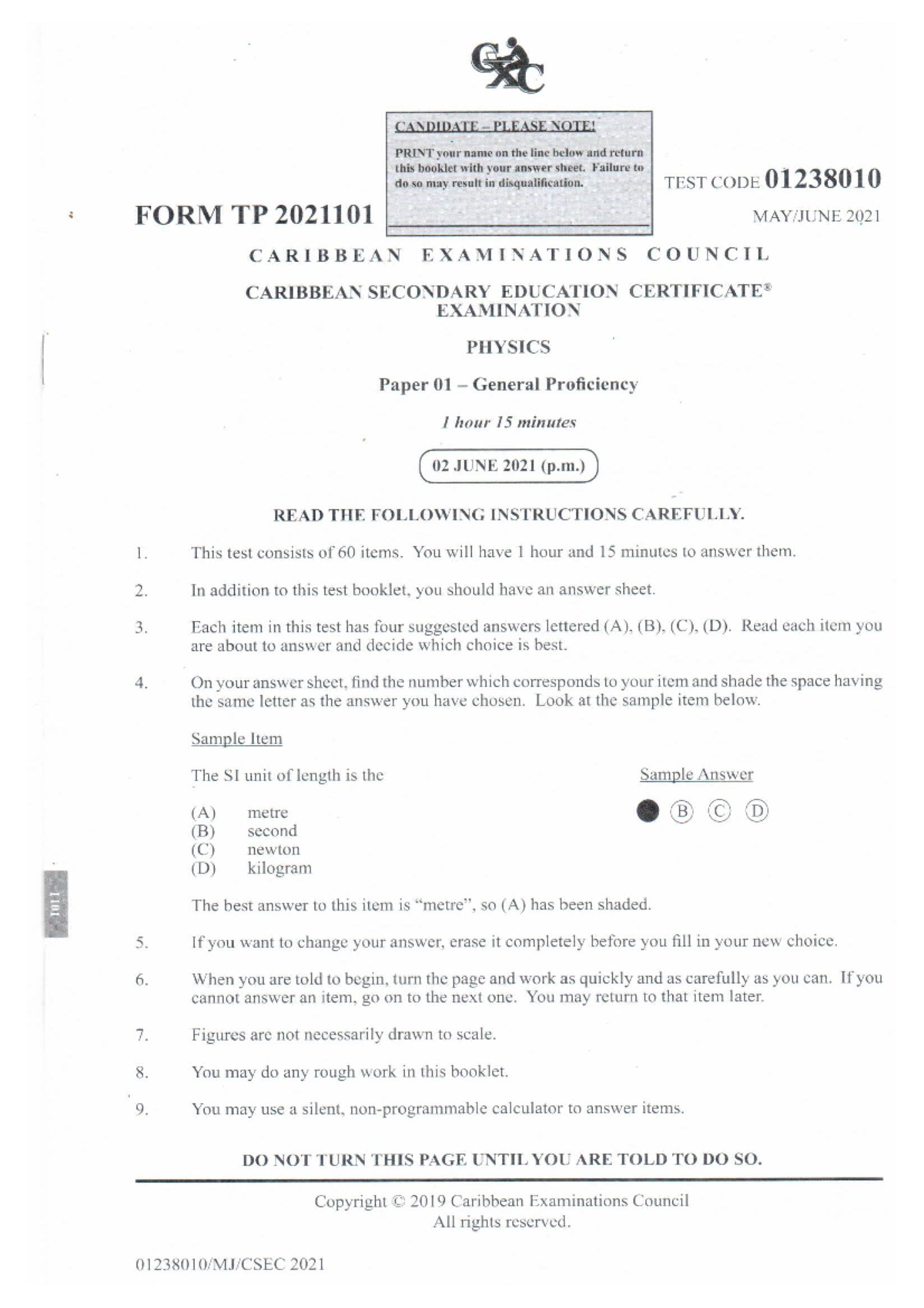 CSEC Physics P1 2021 Exam Instructions and Answer Sheet - Studocu
