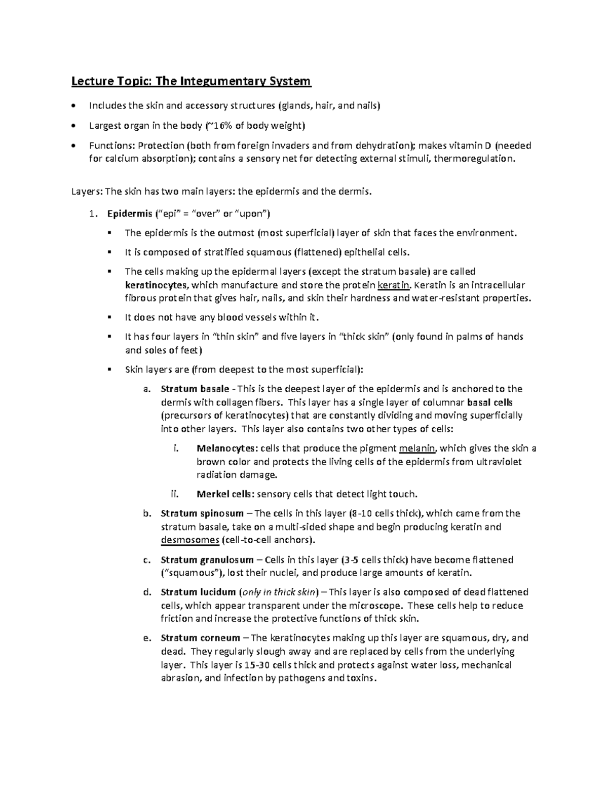 Lecture Notes: The Integumentary System - Structure and Function ...