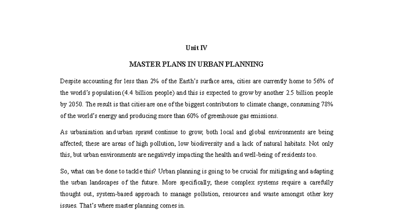 Unit IV: Master Plans in Urban Planning - Strategies for Sustainable ...