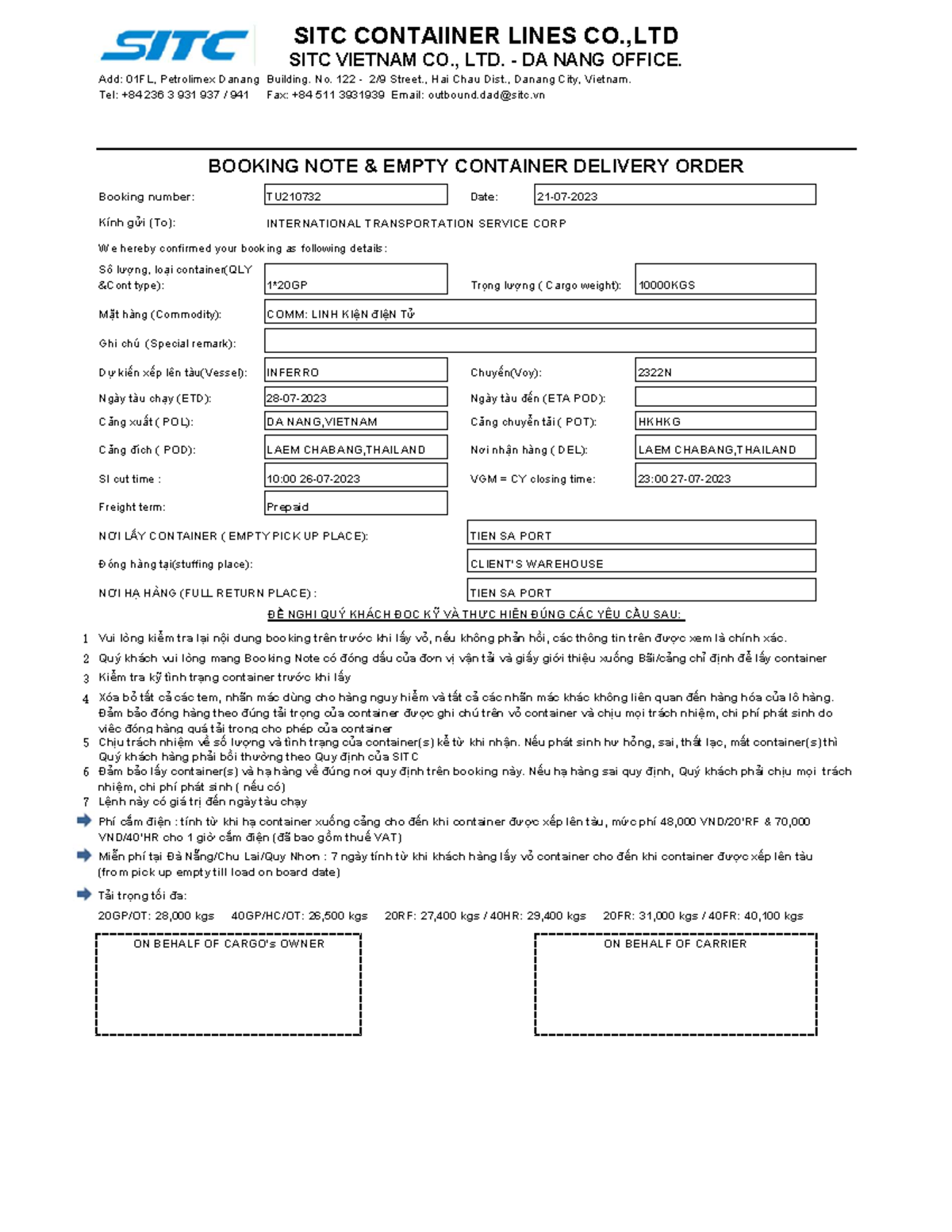 Booking Note Details - TU210732 for International Transport Services ...