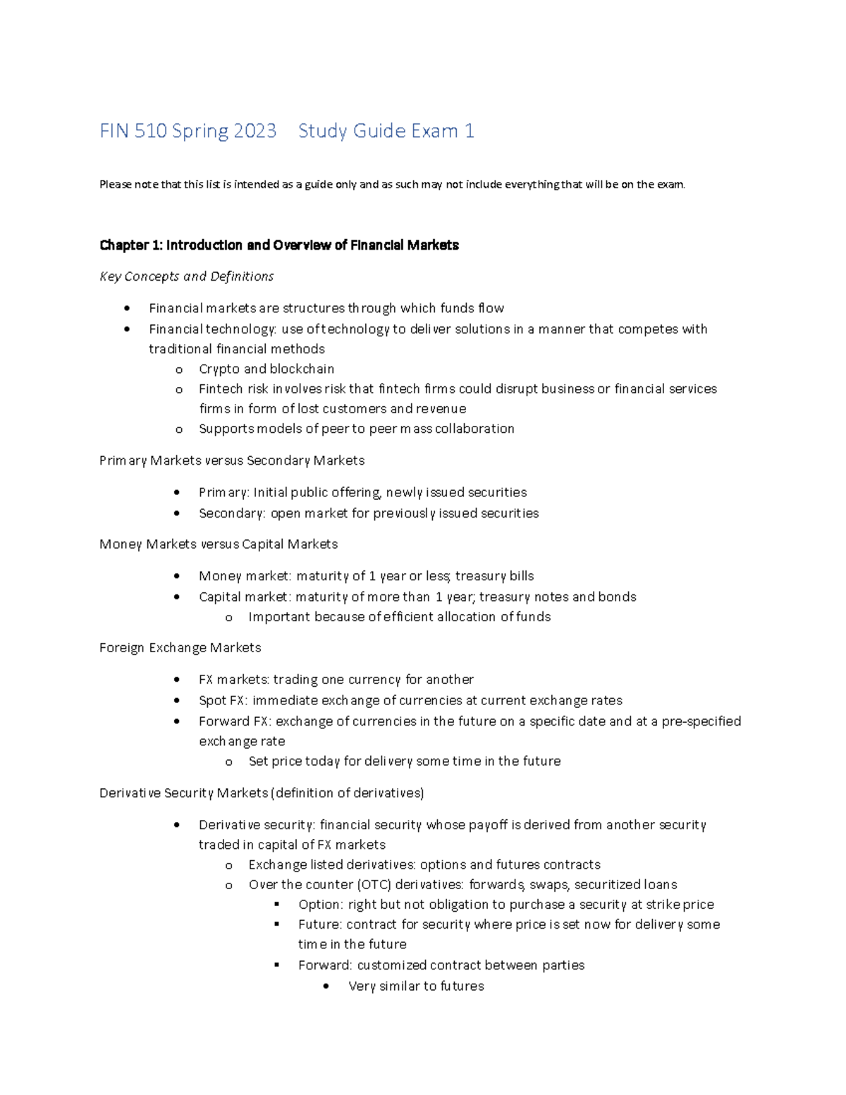 FIN 510 Spring 2023 Study Guide - Key Concepts for Exam 1 - Studocu