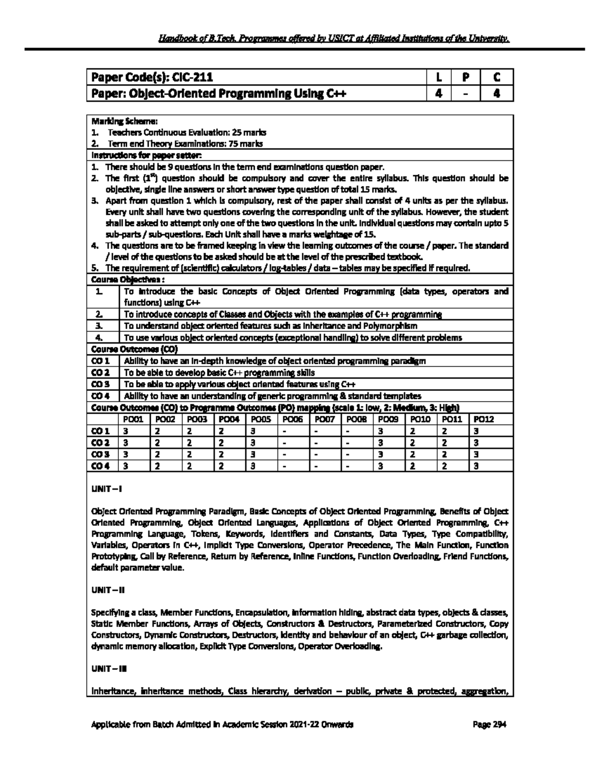 OOPS - syllabus - Handbook of B. Tech. Programmes offered USICT at ...