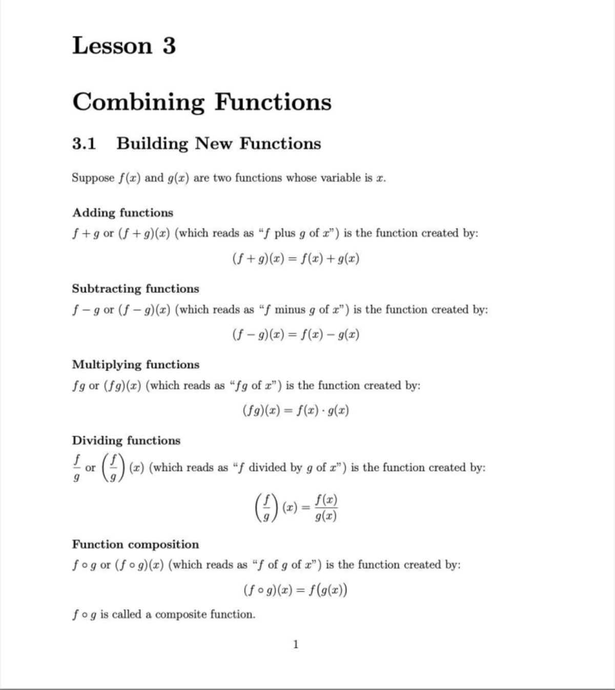 MATH 201 Lesson 3: Combining Functions and Inverse Functions Summary ...
