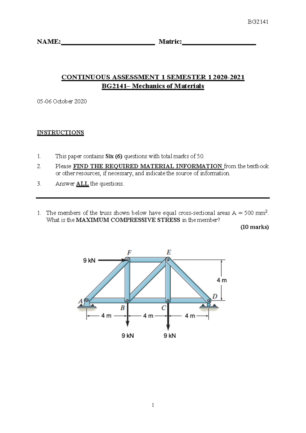 CA1-BG2141-2020- Mechanics of Materials Exam Paper Summary - Studocu