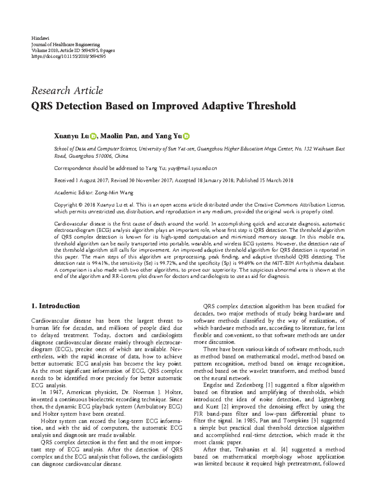 Improved Adaptive Threshold Algorithm for QRS Detection in ECG (JHE2018 ...