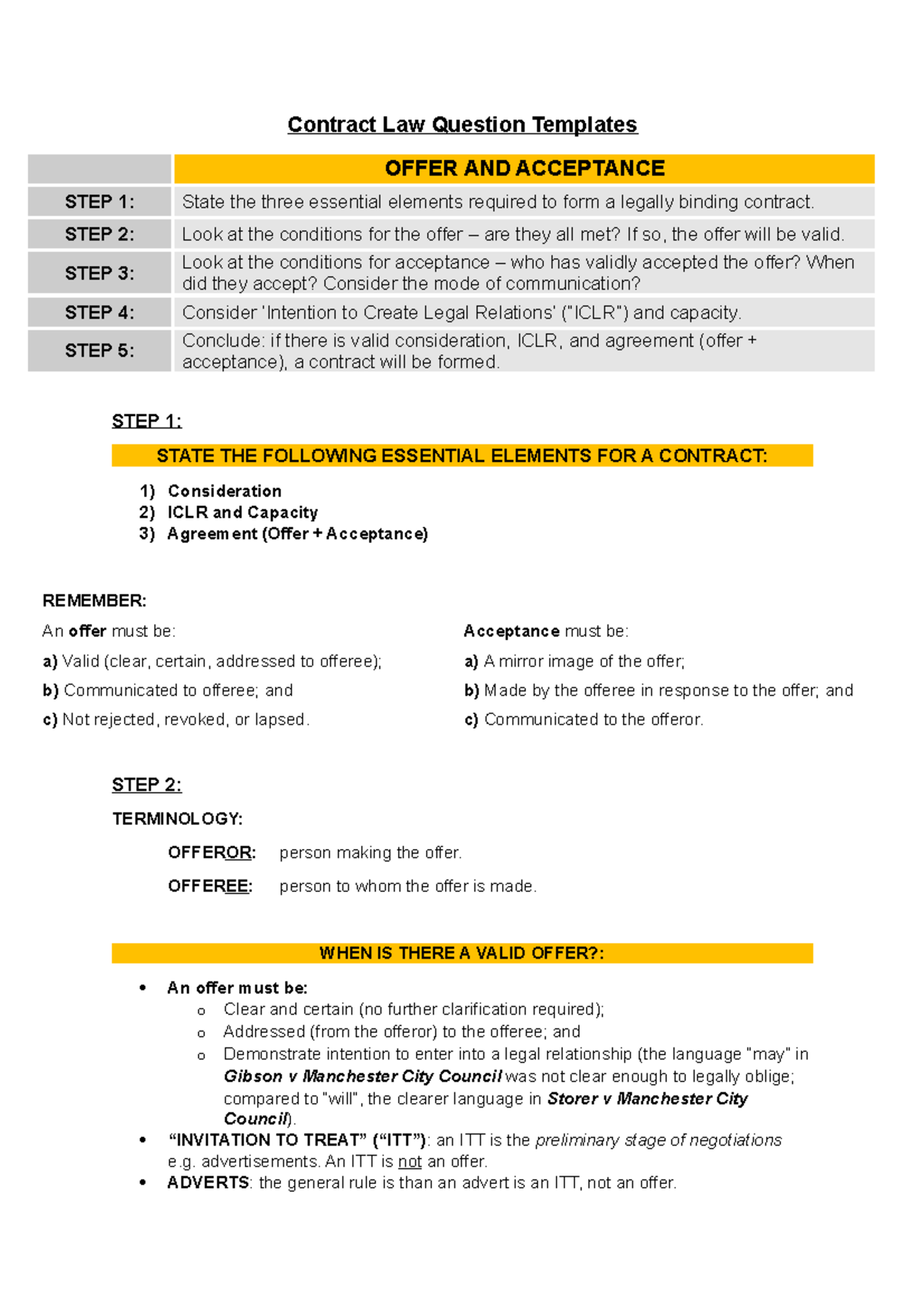 Contract Law: Formative Ques. Templates for Valid Contracts - Studocu