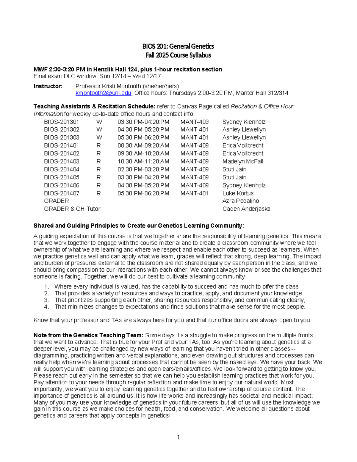 BIOS 201: General Genetics Fall 2025 Course Syllabus & Exam Info - Studocu