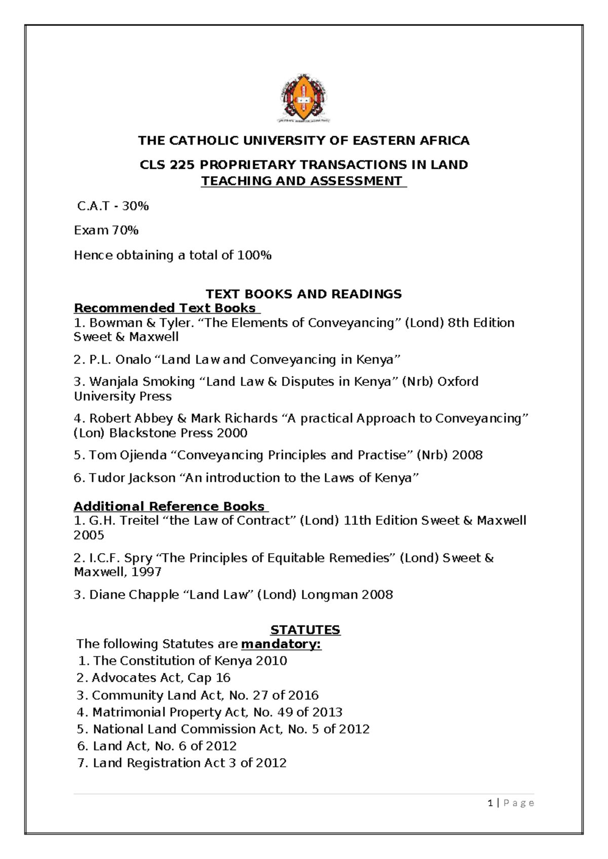 CLS 225 Conveyancing Course Outline and C.A.T Exam Notes 2025 - Studocu