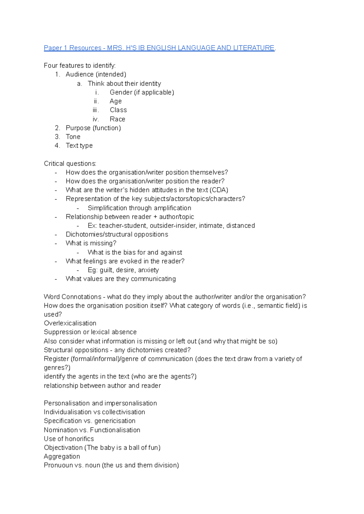 IB HL Paper 1 Notes: Audience, Purpose, and Tone Analysis 2023 - Studocu