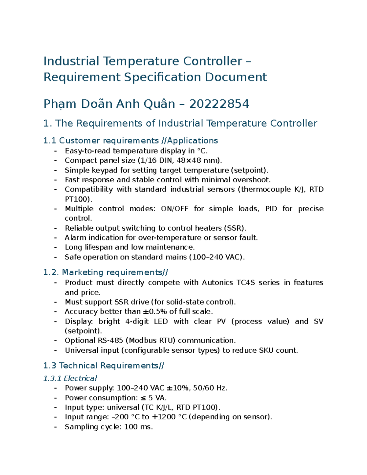 Industrial Temperature Controller Requirements Spec Document - Studocu