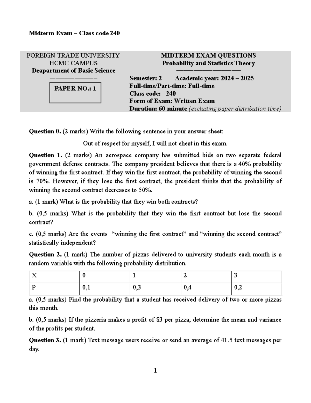 Midterm Exam Questions on Probability & Statistics - Class Code 240 ...