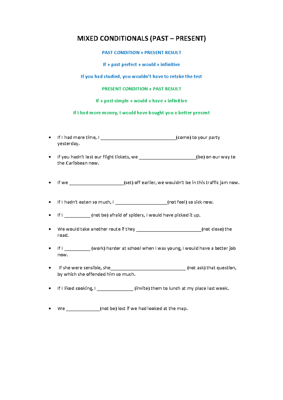 MIXED CONDITIONALS: PAST PRESENT EXAMPLES & USAGE NOTES - Studocu