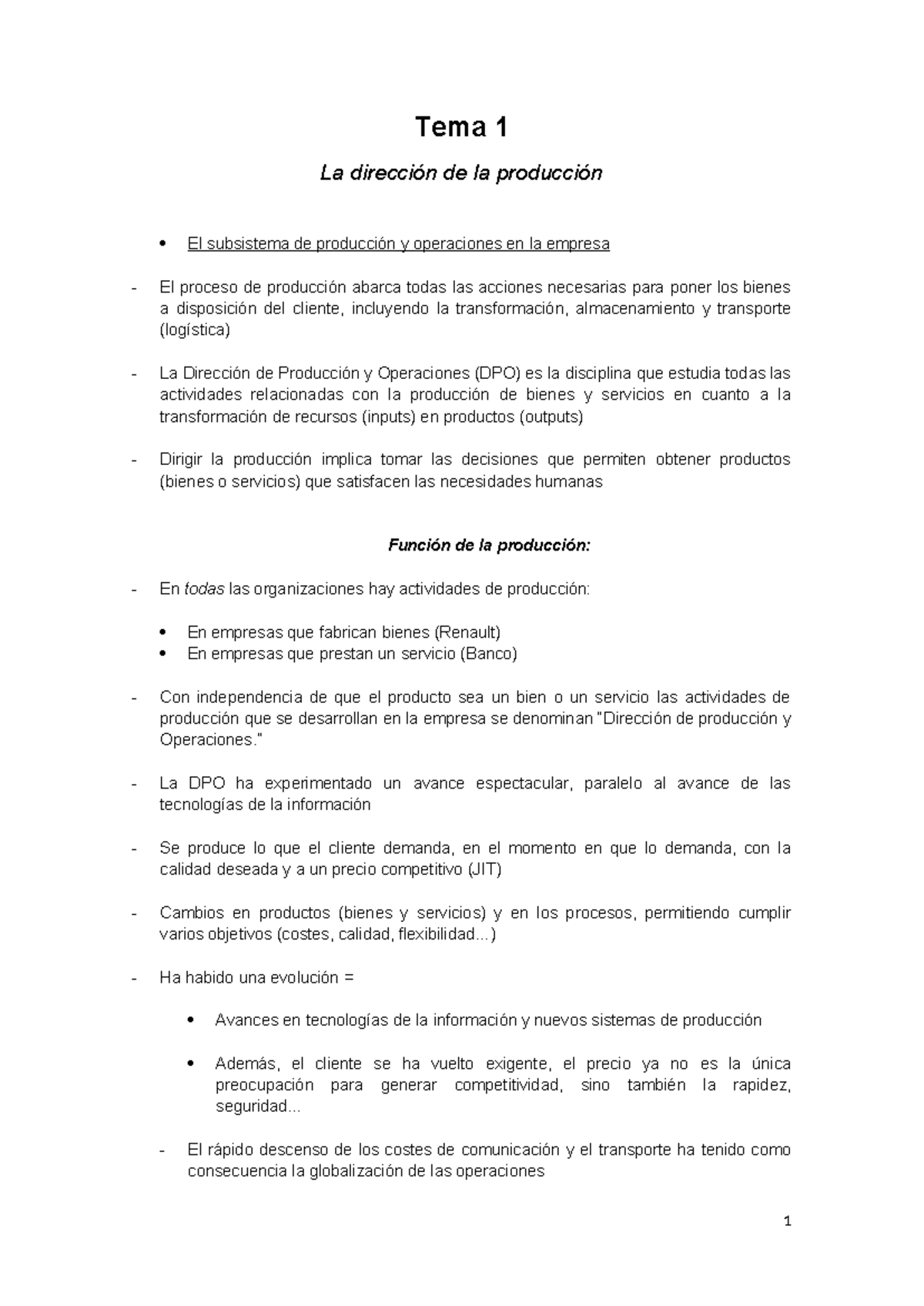 Tema 1: Dirección de Producción y Operaciones en la Empresa - Studocu