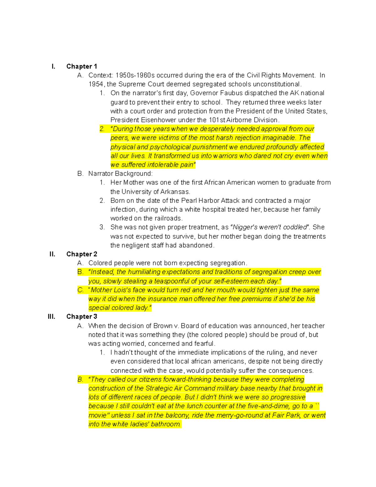 FYS 101 Final Exam Notes on Warrior's Don't Cry Chapters