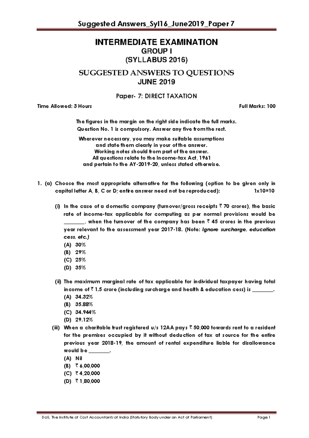 P7 - Suggested Answers for Direct Taxation Intermediate Exam 2019 - Studocu