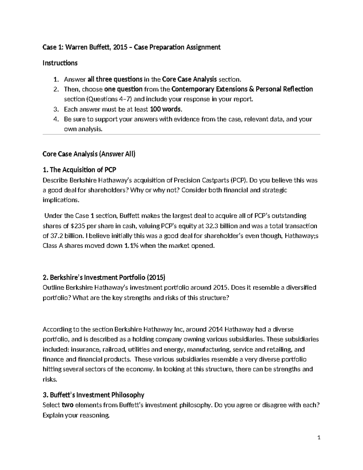 Case 1: Warren Buffett - 2015 Case Prep Analysis & Insights - Studocu