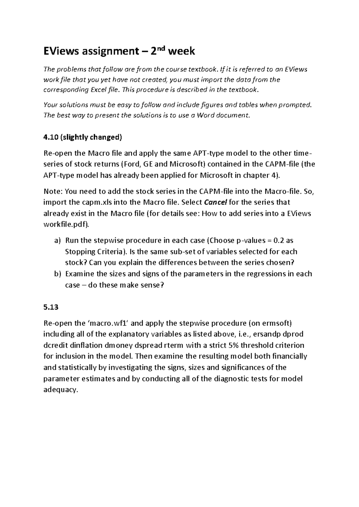 EViews Assignment - Week 2 Analysis and Model Application - Studocu