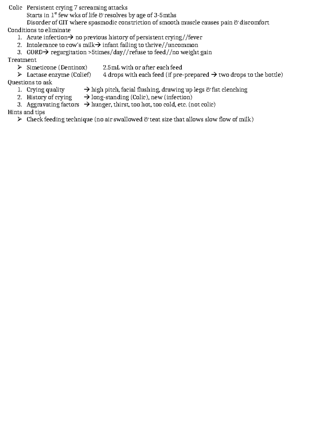 Colic - Notes - Colic Persistent crying 7 screaming attacks Starts in ...