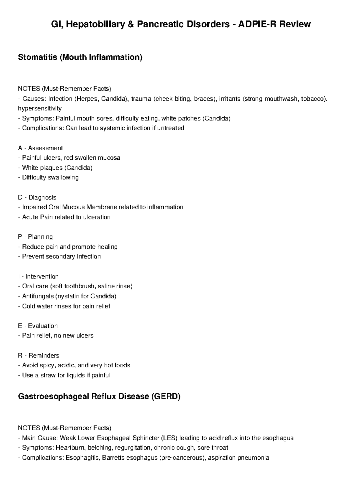 GI Disorders ADPIE Review: Stomatitis, GERD, and PUD Notes - Studocu