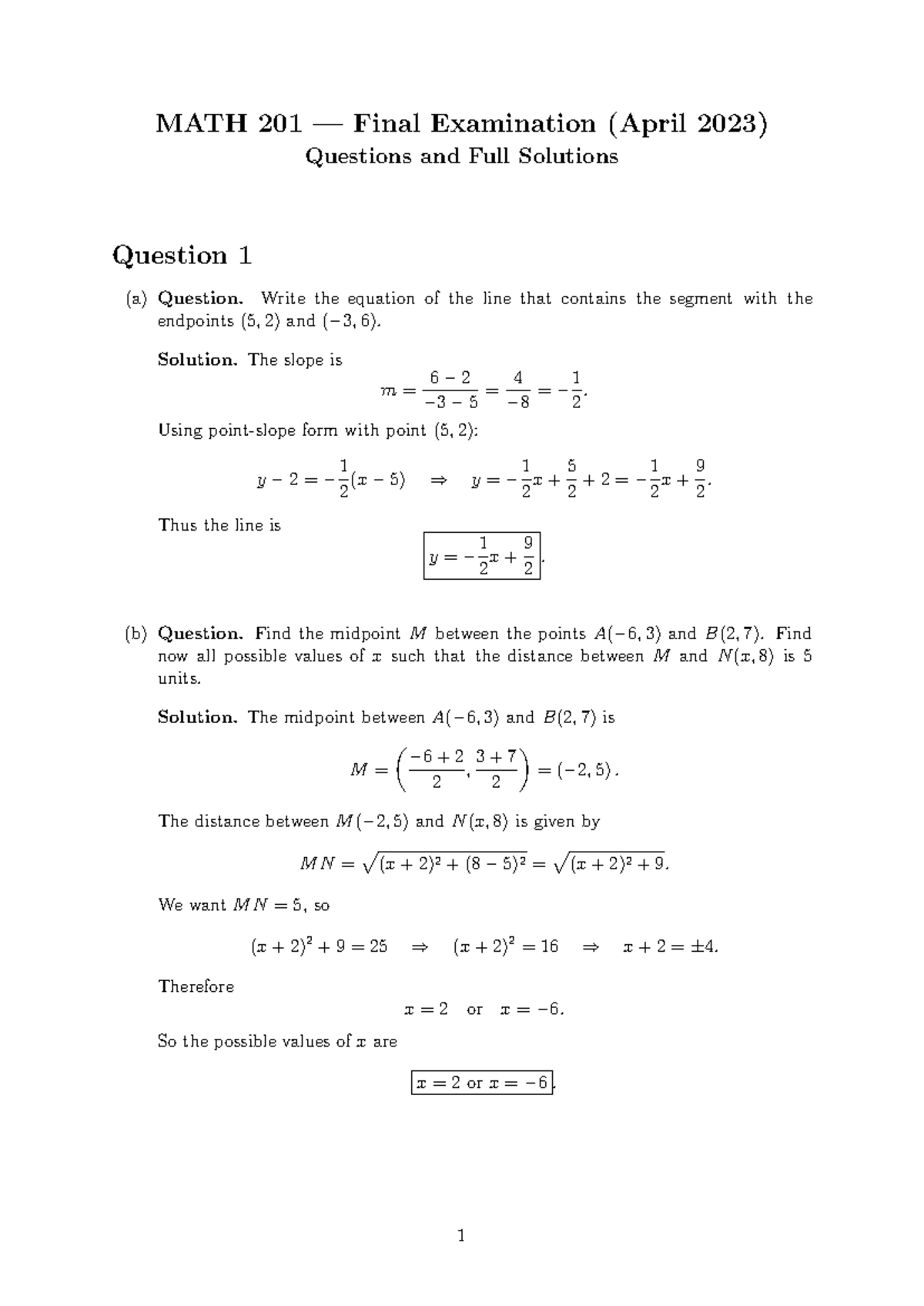 MATH 201 Final Exam Review - Questions & Solutions (Winter 2023) - Studocu
