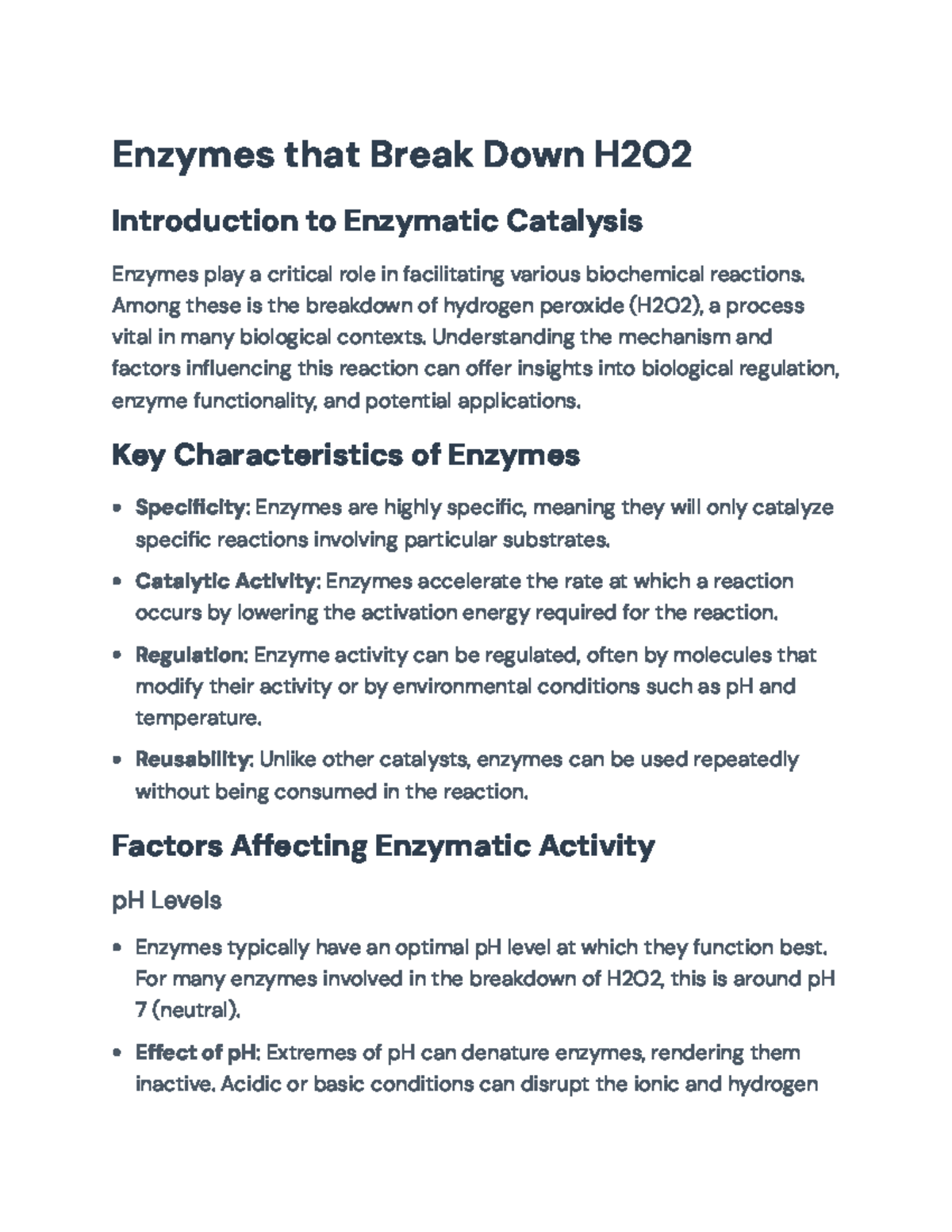 H2O2 Breakdown: Enzymatic Mechanisms & Activity Factors Explained - Studocu